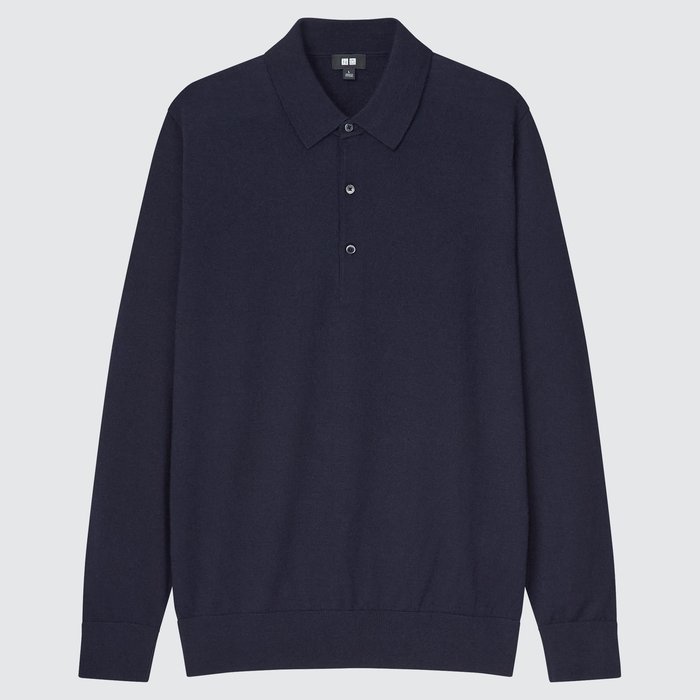 Men 100% Extra Fine Merino Knit Long Sleeved Polo Shirt #72