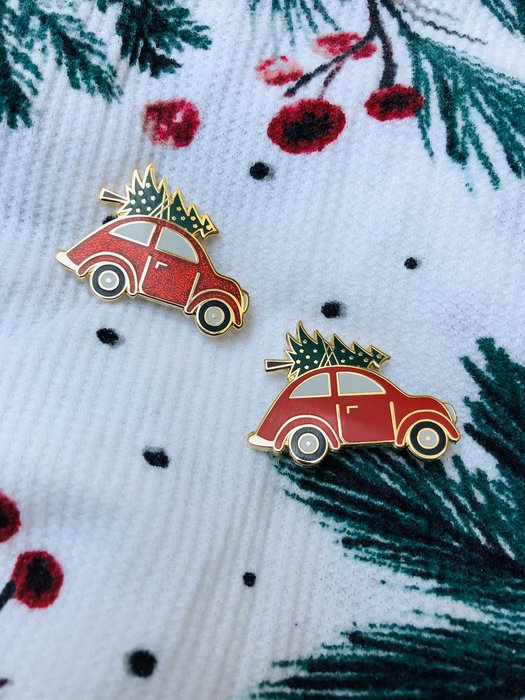 Driving home for christmas glitter red enamel pin #101